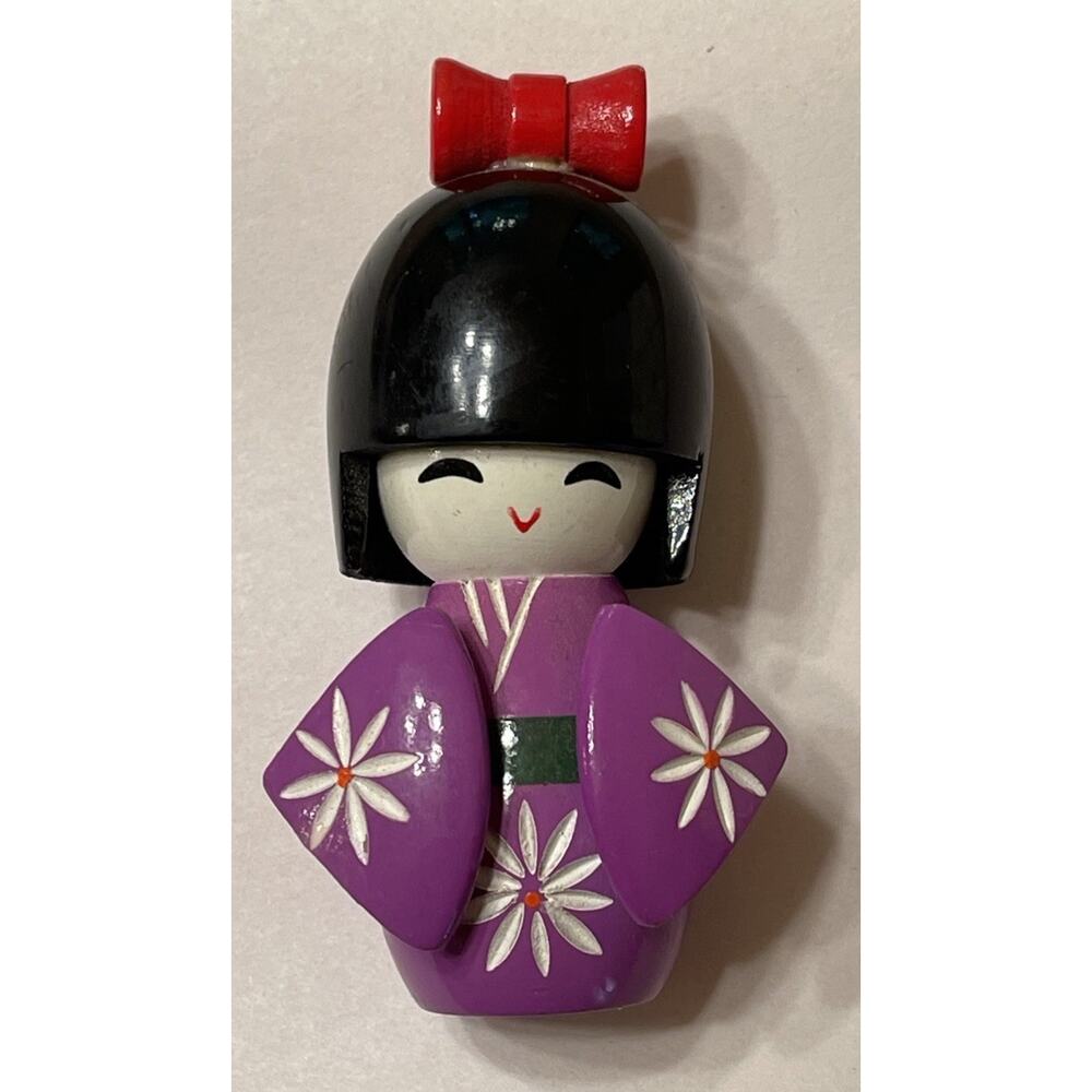 Kokeshi Girl Cute Japanese Wooden Doll White Floral Purple Kimono Moveable 3.5'